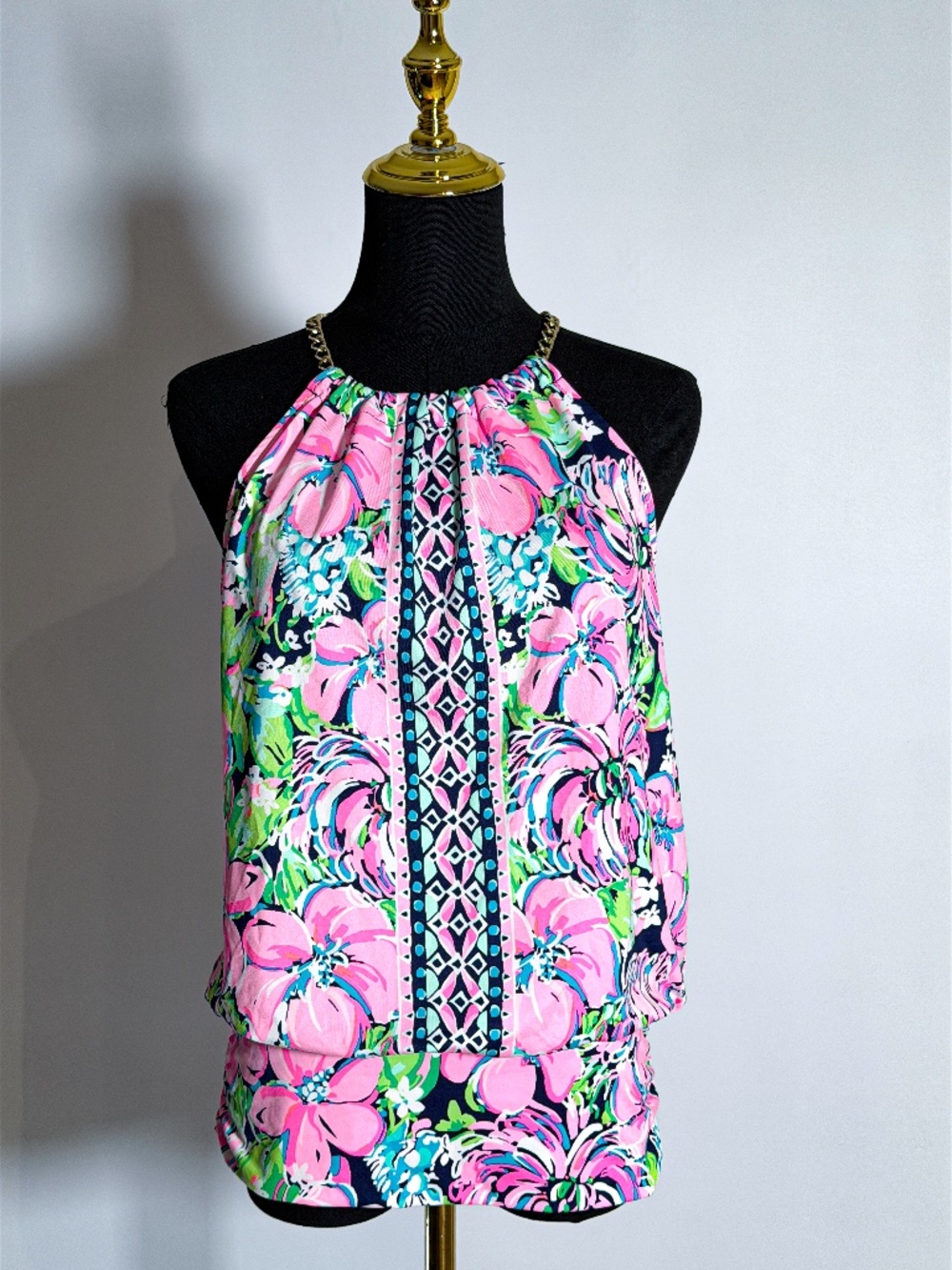 Lilly Pulitzer Tropical Floral Halter Top Pink Green Gold Chain Size Small
